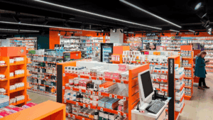 Présentoirs personnalisés de la Pharmacie Colombia Lafayette en bois clair, intégrés dans un design moderne et harmonieux, Medd Agencement.