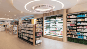 Expositores técnicos da Pharmacie du Pôle Santé com mobiliário em madeira e sinalética clara, projeto Medd Design.